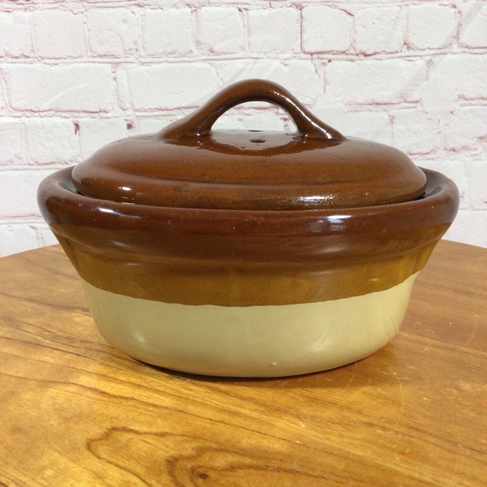 Vintage Two-Tone Brown Ceramic 1 Quart Covered Casserole